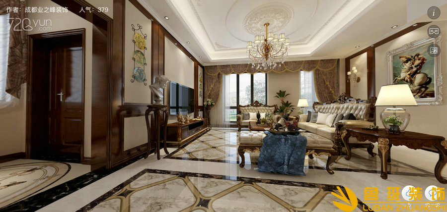 溫資華園265平美式別墅設(shè)計裝修客廳