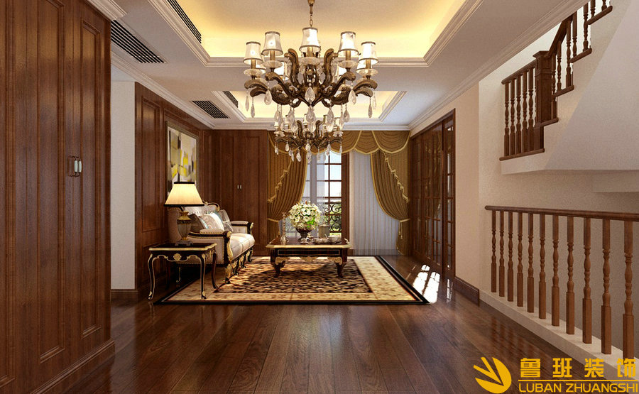 溫資華園265平美式別墅設(shè)計裝修起居廳