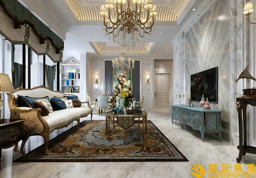 雍錦閣159平美式裝修設(shè)計客廳1