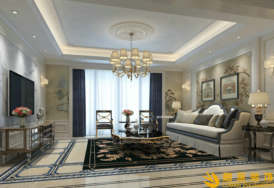 九號公館240平歐式設(shè)計裝修客廳