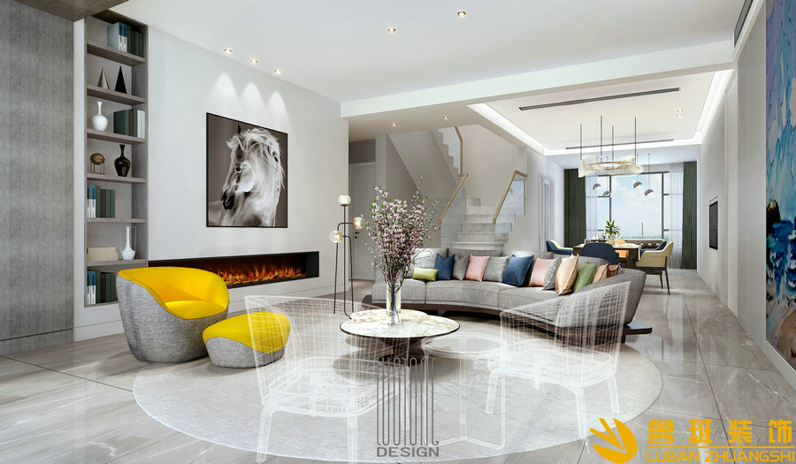 九里晴川300平別墅現(xiàn)代裝修設(shè)計客廳