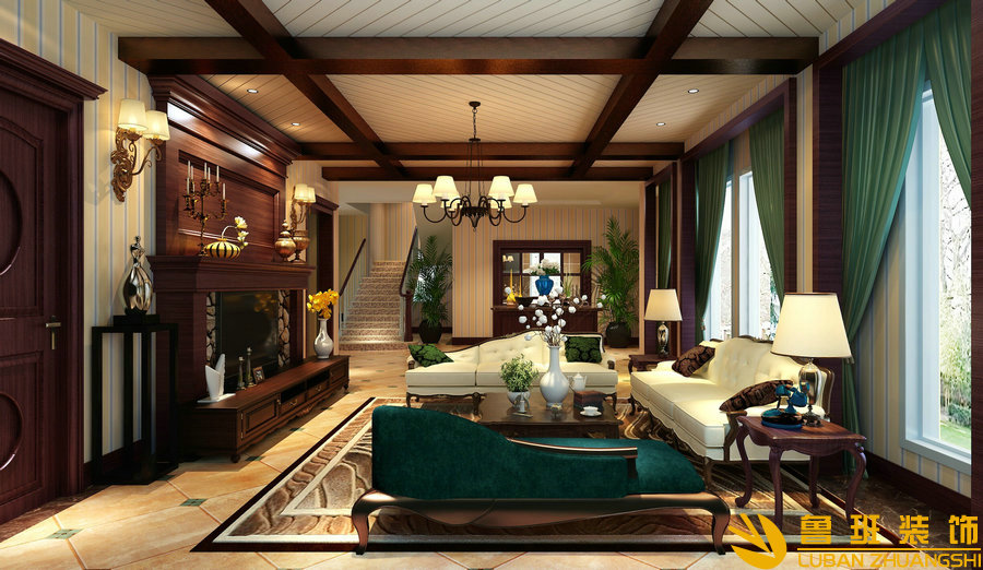 麓山國際.香怡林380美式別墅裝修設計客廳