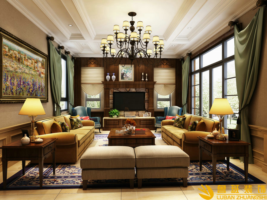 中糧.御嶺灣370平美式別墅設(shè)計裝修客廳