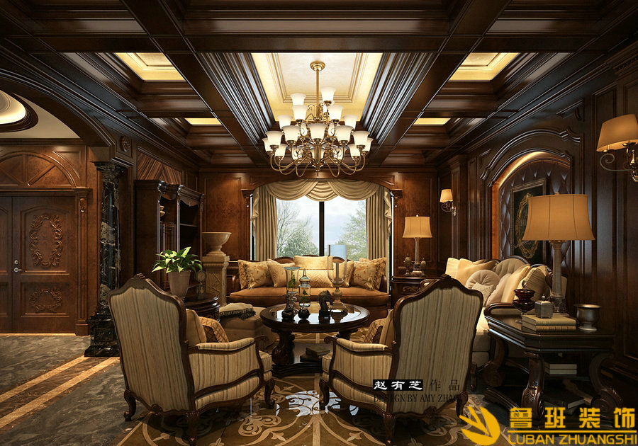 綠地錦天府400平古典歐美聯(lián)排別墅設計裝修客廳