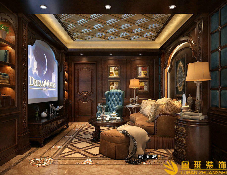 綠地錦天府400平古典歐美聯(lián)排別墅設計裝修視聽室