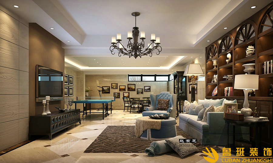 西郡英華280平別墅美式設(shè)計裝修休閑廳