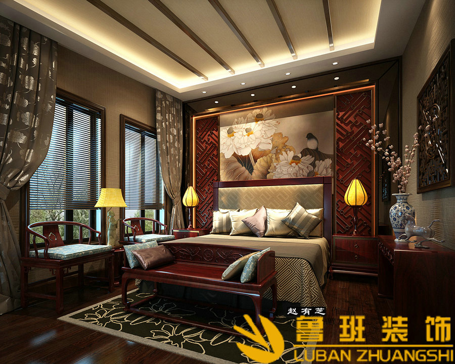 中海央墅450雙拼別墅中式設(shè)計(jì)裝修主臥