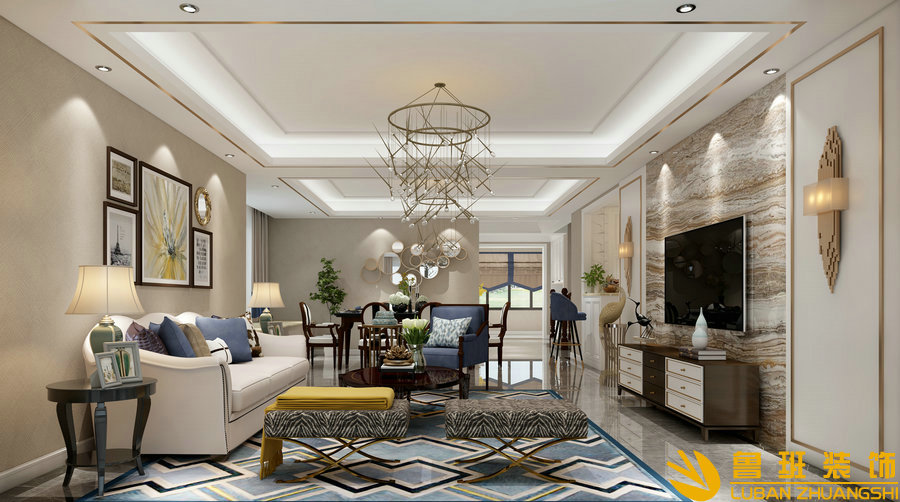復(fù)地雍湖灣360平美式輕奢別墅裝修設(shè)計(jì)客廳