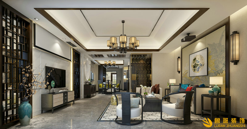 水岸香榭245㎡新中式裝修設(shè)計(jì)客廳