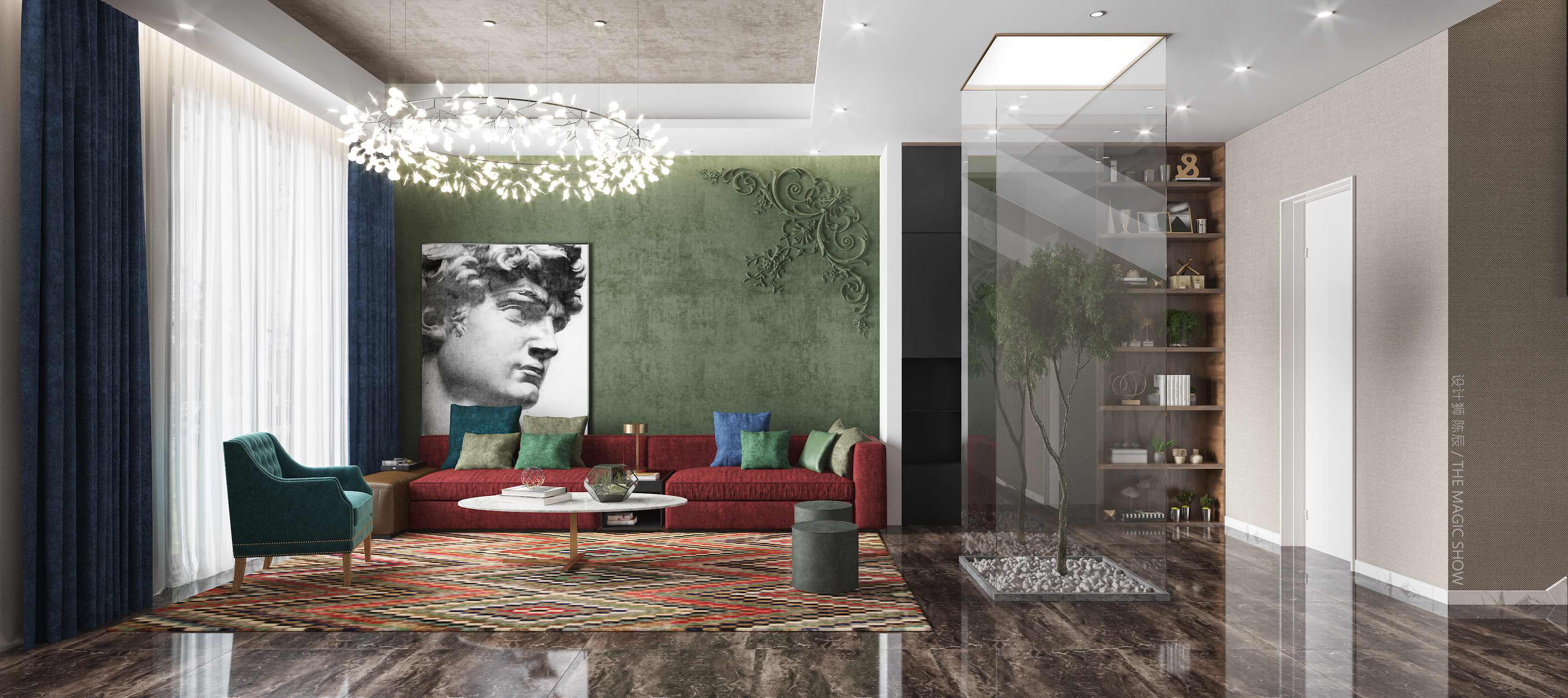 金馬湖壹號(hào)別墅400平方米 現(xiàn)代混搭客廳