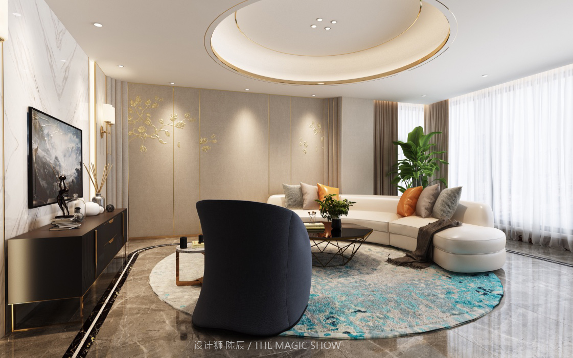 雍錦閣180平方米 三室兩廳 現(xiàn)代輕奢客廳1