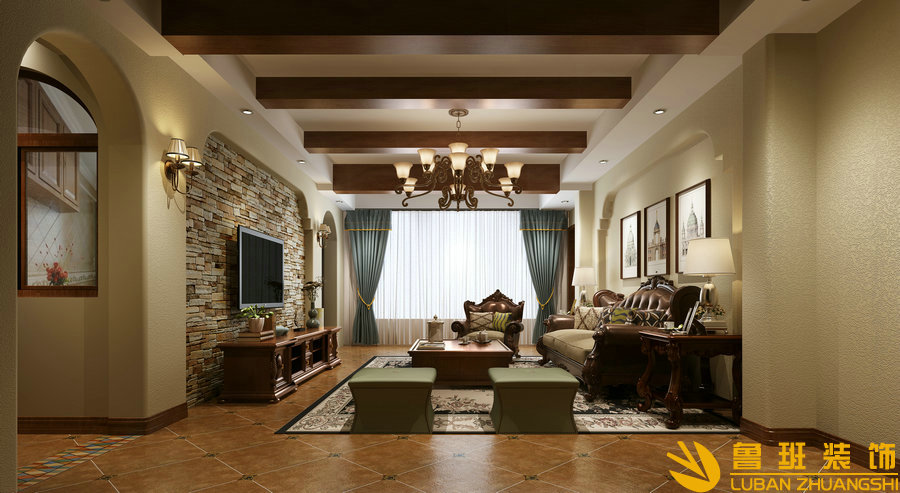 煒岸城180平美式鄉村實景客廳效果圖