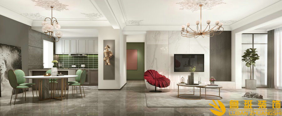 中州中央公園120平法式設(shè)計裝修客廳