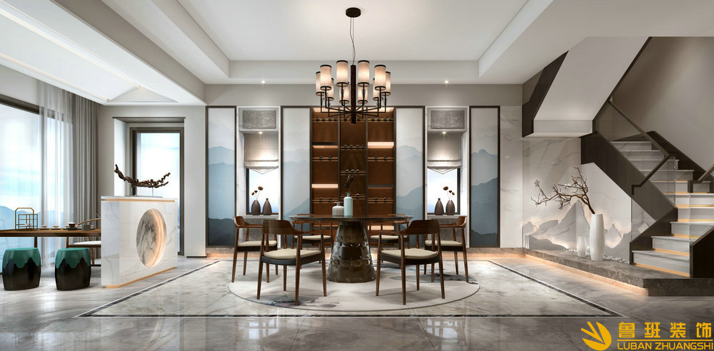 峨眉山與湖六室三衛320平米現代新中式客廳