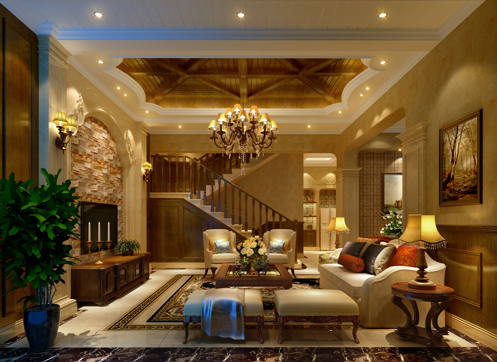 鷺湖宮長岸堤香450平美式別墅設計客廳