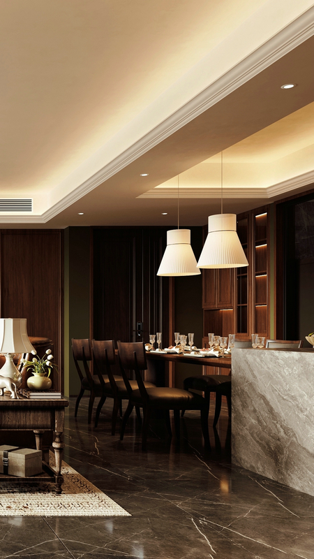 建發央璽200平美式復古設計餐廳吊頂