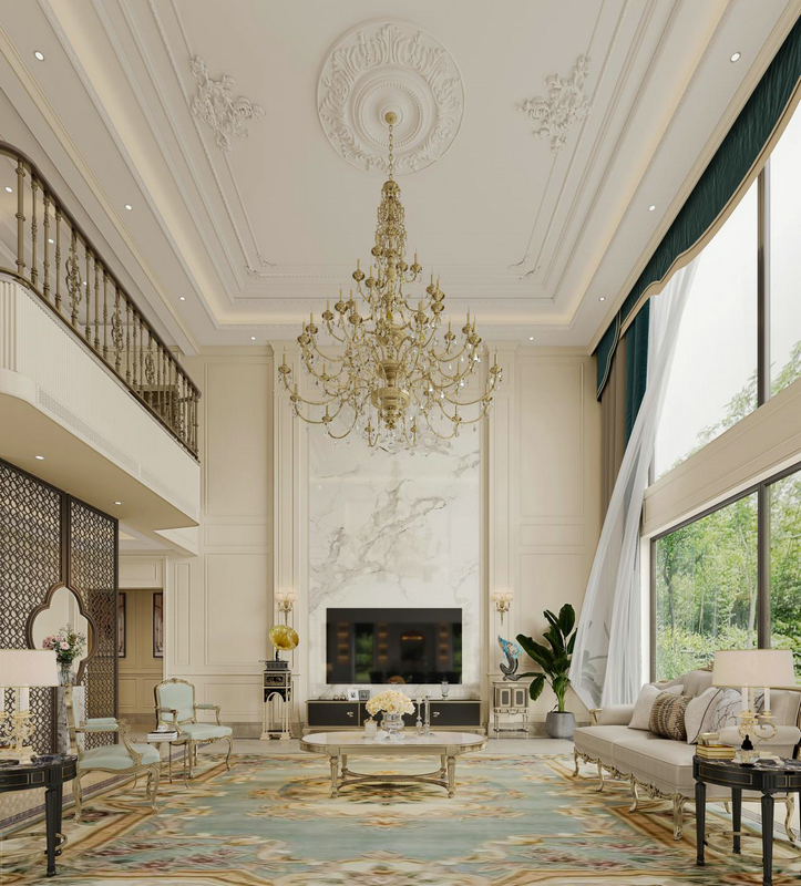 電建·洺悅府800平別墅設計客廳電視墻