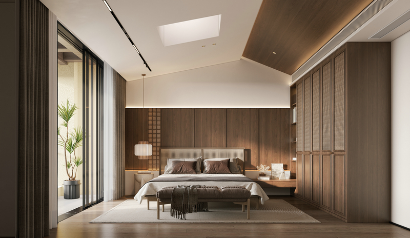 月映長灘300平別墅設計|自然詫寂主臥